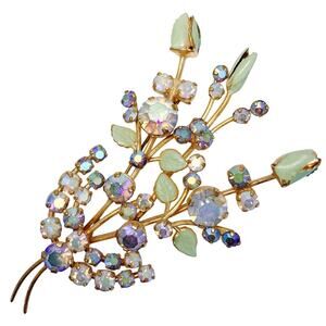 Vintage Austrian AB Rhinestone Floral Spray Brooch Gold Tone Green Enamel Leaves